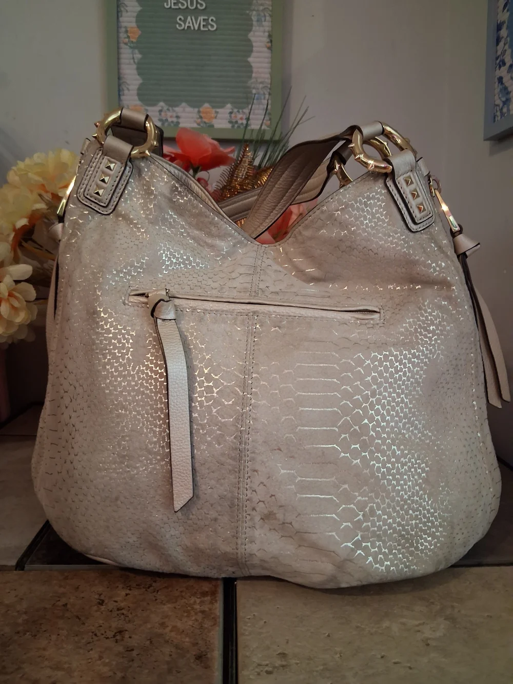 Aimee Kestenberg Cream Textured Hobo Bag with Gold Hardware